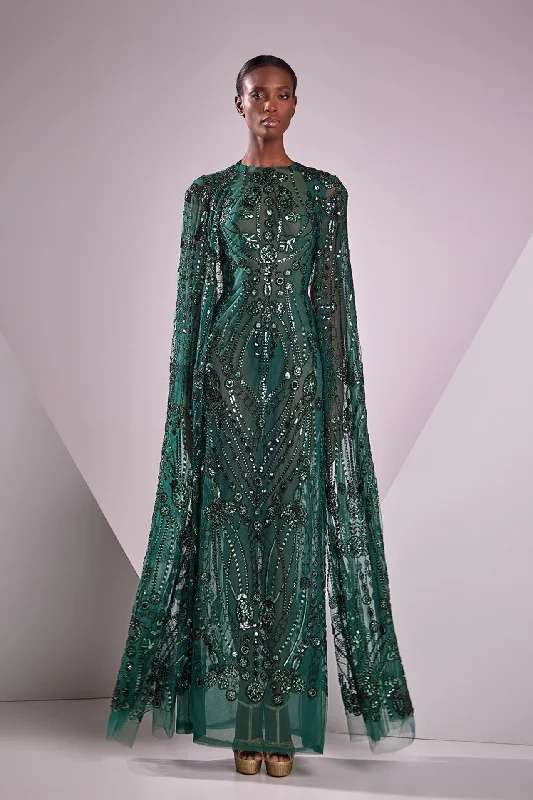 Fully embroidered cape sleeves gown Tunics Plaid country