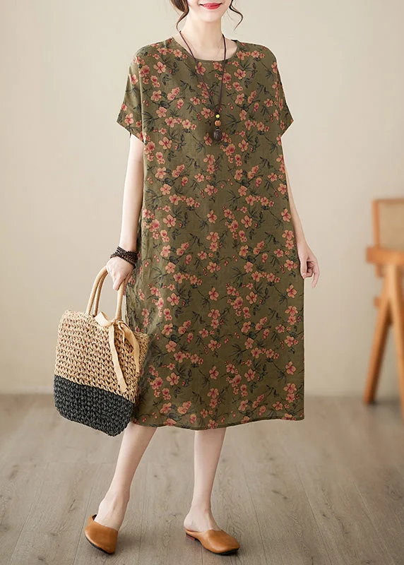 Green O-Neck Cozy Long Dress Short Sleeve Tunics Formal black