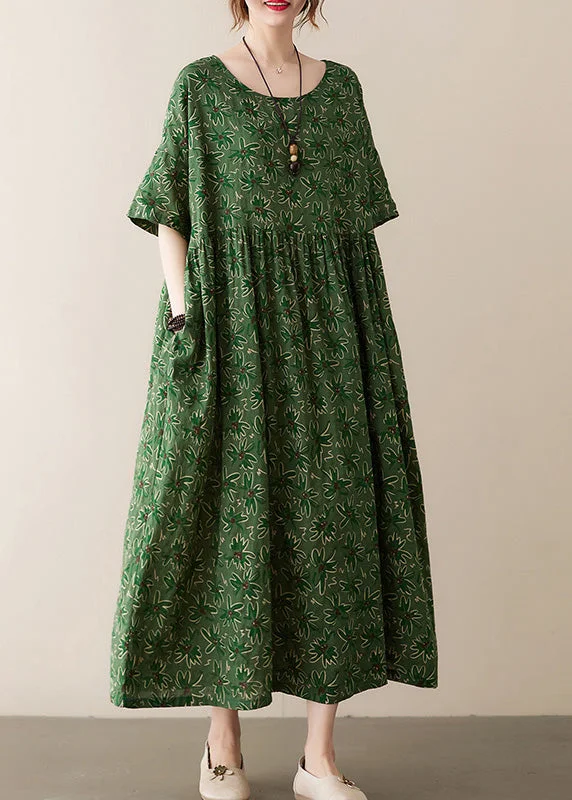 Green Patchwork Wrinkled Cotton Long Dress Summer Pencil Office Professional