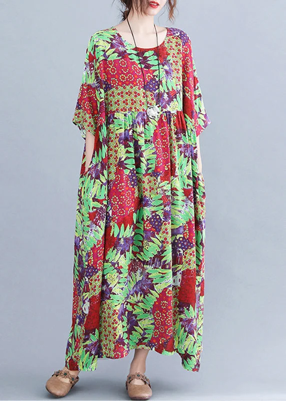 Green Patchwork Wrinkled Party Long Dress Short Sleeve Tunics Custom made