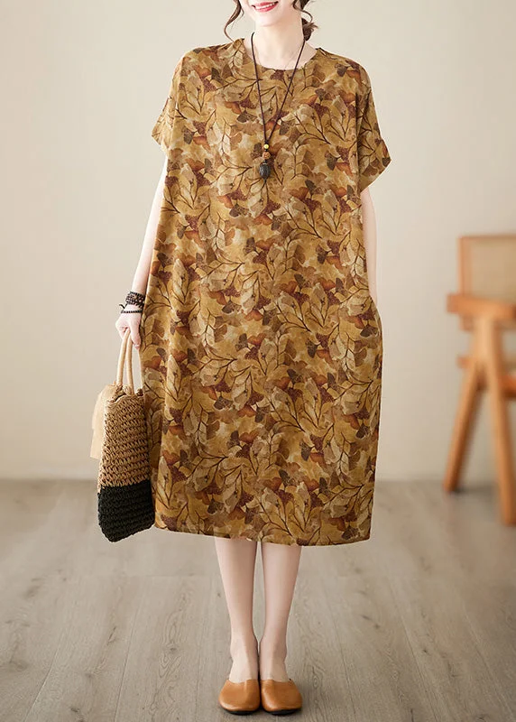 Handmade Yellow Print Vacation Long Dresses Summer empire Waist empire