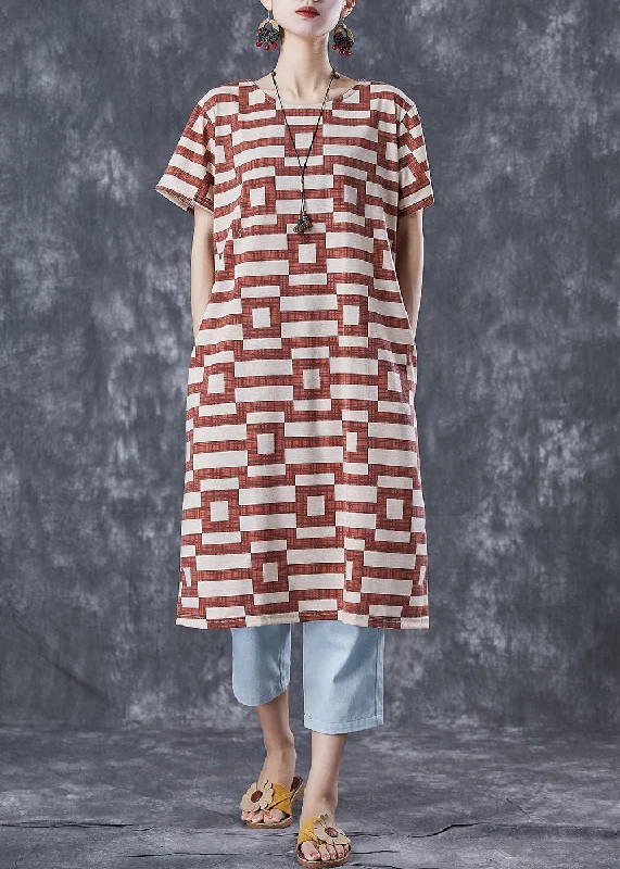 Italian Brick Red Oversized Striped Cotton Long Dress Summer Tunics Bridal satin