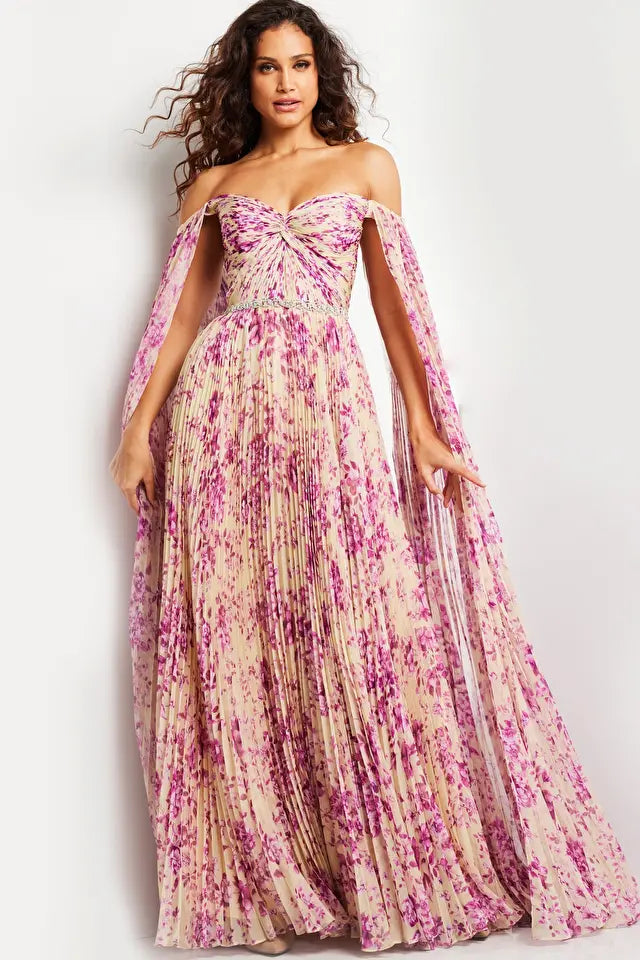 Jovani -26141 Print Pleated Cape Sleeves Long Dress Tunics Plaid country