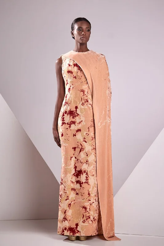 Lace gown featuring one sided velvet cape Tunics Distressed trendy
