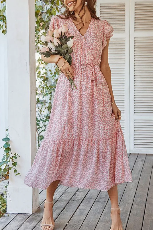 Leopard Surplice Ruffled Sleeve Tiered Long Dress sweetheart Neckline Romantic