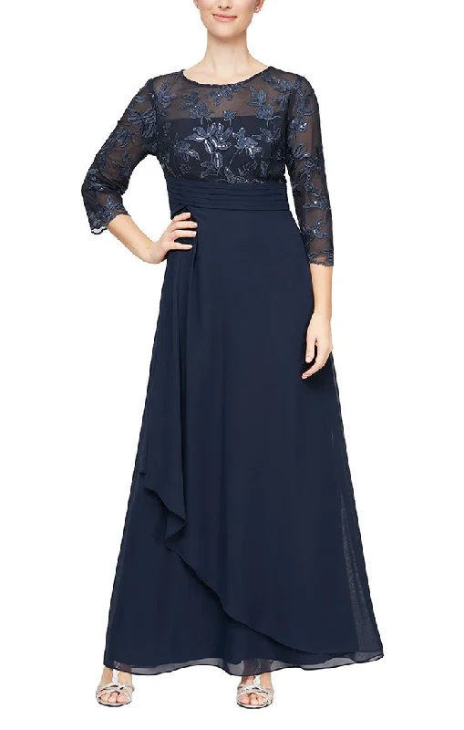 Long 3/4 Sleeve Gown with Embroidered Bodice, Pleated Waist and Asymmetric Cascade Skirt Off-the-shoulder Chic Trendy Long 3/4 Sleeve Gown with Embroidered Bodice, Pleated Waist and Asymmetric Cascade Skirt Off-the-shoulder Chic Trendy