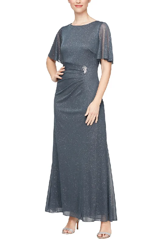 Long Glitter Mesh A-Line Dress With Embellished Ruched Waist and Flutter Sleeves Tunics Bestseller popular Long Glitter Mesh A-Line Dress With Embellished Ruched Waist and Flutter Sleeves Tunics Bestseller popular