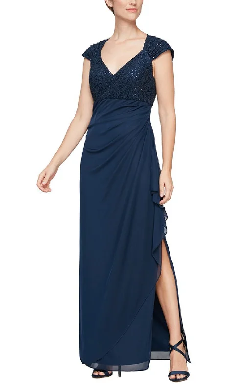 Cap Sleeve Empire Waist Dress with Corded Lace Bodice Detail & Cascade Mesh Skirt Crew Neckline Sporty Cap Sleeve Empire Waist Dress with Corded Lace Bodice Detail & Cascade Mesh Skirt Crew Neckline Sporty