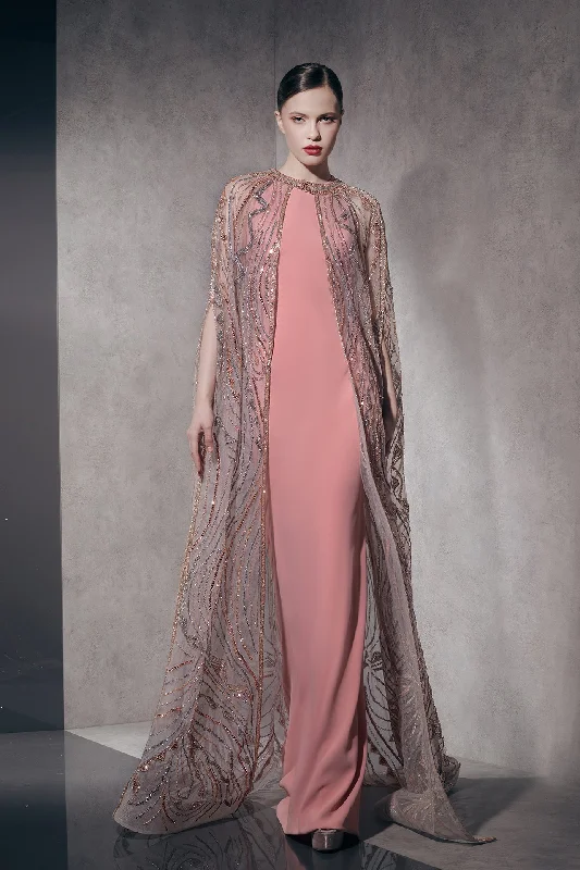 Long crepe dress with embroidered cape Tunics Fall fleece