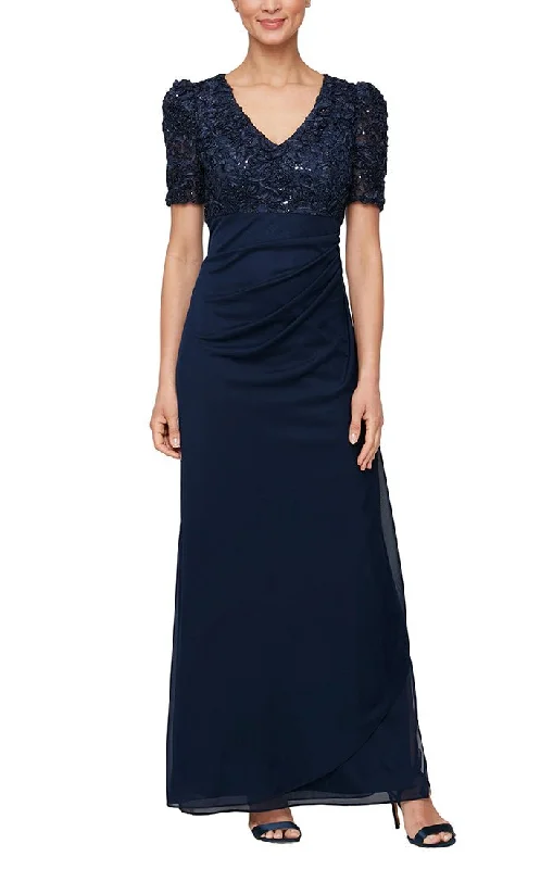 Long Empire Waist Dress with Soutache Bodice, Puff Sleeve Detail & Cascade Ruffle Skirt Tunics Sophisticated sleek Long Empire Waist Dress with Soutache Bodice, Puff Sleeve Detail & Cascade Ruffle Skirt Tunics Sophisticated sleek