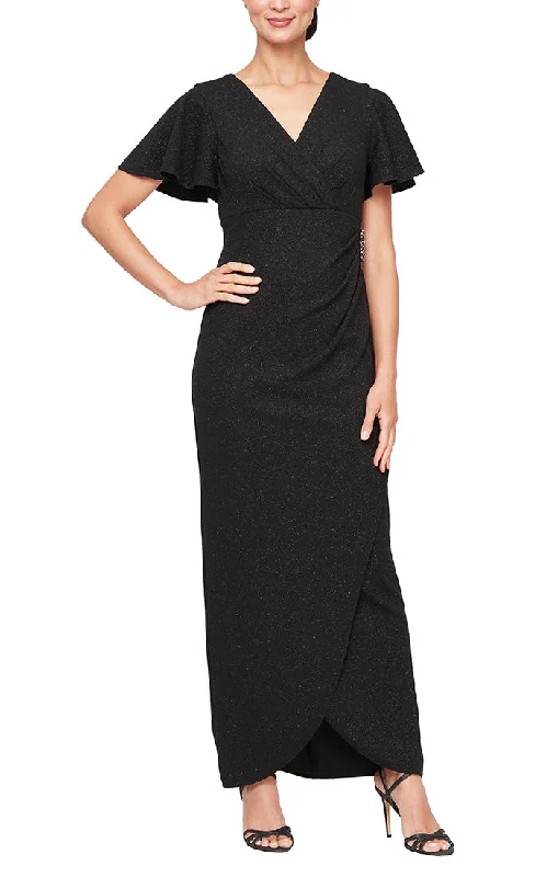 Long Empire Waist Metallic Knit Dress with Surplice Neckline, Flutter Sleeves, Embellishment Detail at Hip and Cascade Skirt Tunics Top rated Long Empire Waist Metallic Knit Dress with Surplice Neckline, Flutter Sleeves, Embellishment Detail at Hip and Cascade Skirt Tunics Top rated