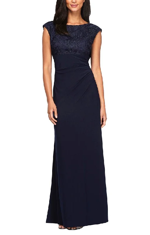 Long Empire Waist Lace and Jersey Gown with Side Ruched Skirt and Cowl Back Detail Tunics Formal black Long Empire Waist Lace and Jersey Gown with Side Ruched Skirt and Cowl Back Detail Tunics Formal black