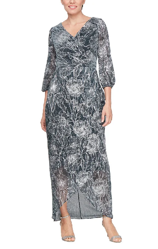 Long Foil Printed Dress with Surplice Neckline, Ruched Waist and Cascade Overlay Skirt Tunics Evening elegant Long Foil Printed Dress with Surplice Neckline, Ruched Waist and Cascade Overlay Skirt Tunics Evening elegant