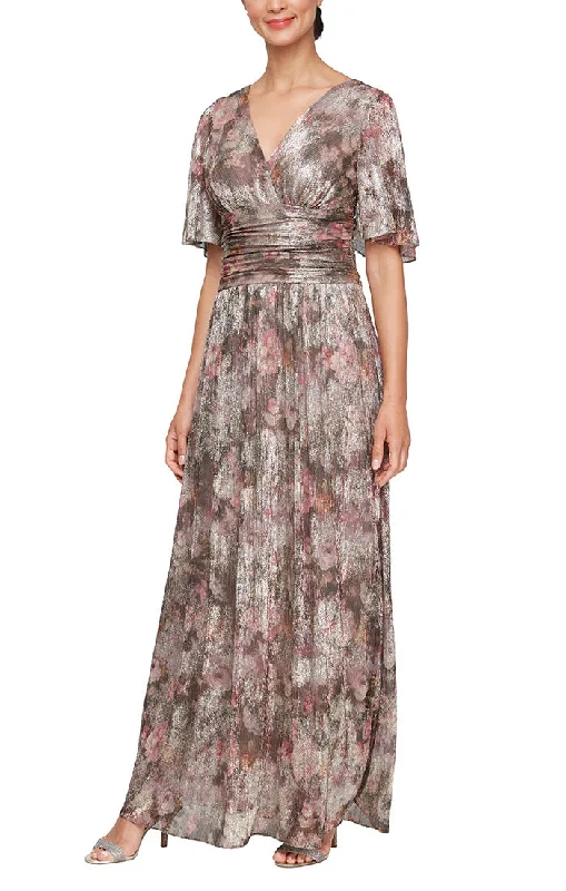 Long Metallic Knit Surplice Dress with Ruched Waist & Flutter Sleeves Tunics Recommended stylist Long Metallic Knit Surplice Dress with Ruched Waist & Flutter Sleeves Tunics Recommended stylist