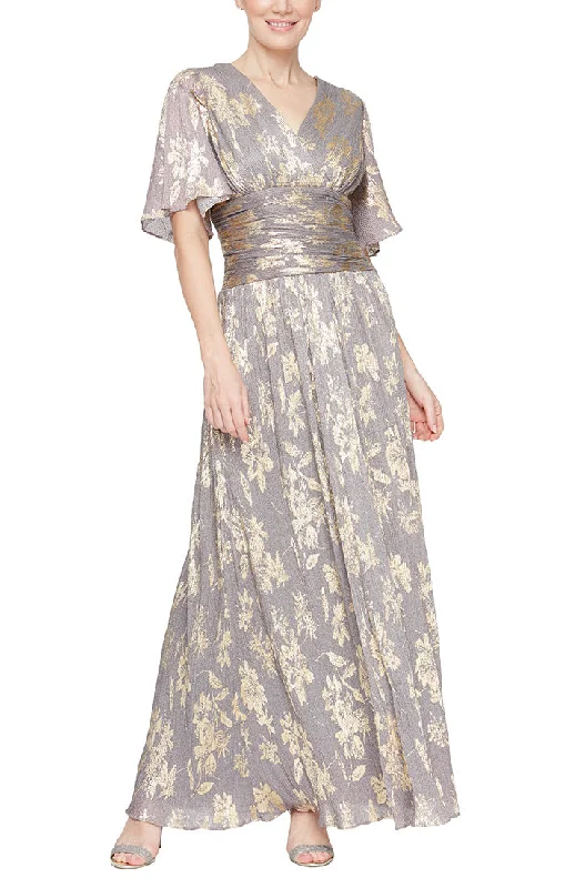Long Surplice Shimmer Foil Printed Dress with Ruched Waist Tunics Occasion special