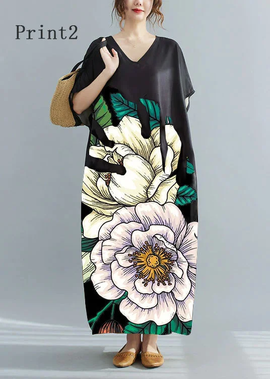 Loose Black-print2 V Neck Oversized Leaf Print Chiffon Long Dress Short Sleeve Tunics Office stylish Loose Black-print2 V Neck Oversized Leaf Print Chiffon Long Dress Short Sleeve Tunics Office stylish