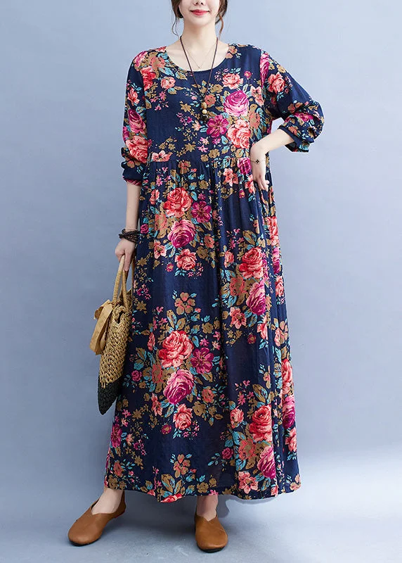 Loose Navy O-NeckPatchwork Print Cotton Party Long Dress Short Sleeve Tunics Trendy modern Loose Navy O-NeckPatchwork Print Cotton Party Long Dress Short Sleeve Tunics Trendy modern