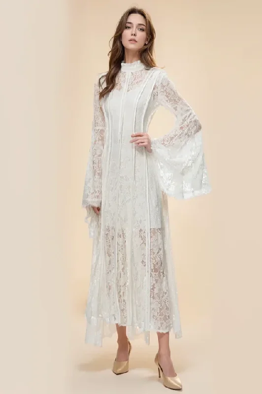 Milena Lace Ruffled Long Dress Boat Neckline Classic