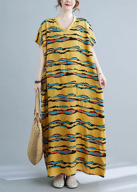 Modern Yellow Striped Print Linen Long Dresses Short Sleeve Tunics Chic fashionable