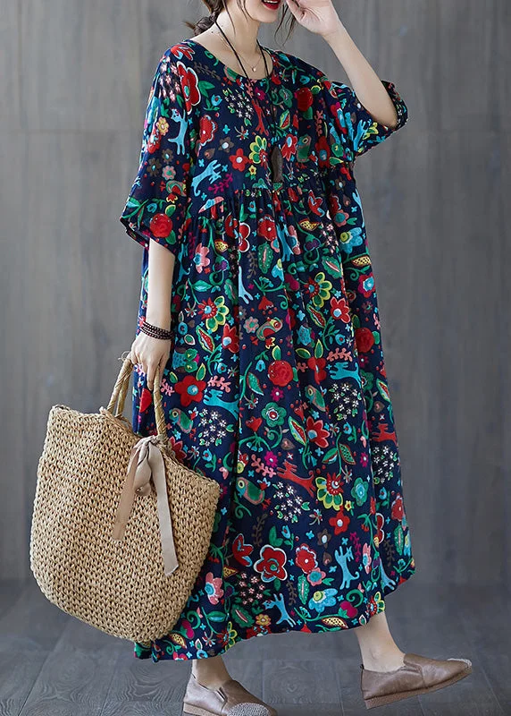 Natural Blue O-Neck Print Wrinkled Cotton Long Dresses Summer Crew Neckline Casual