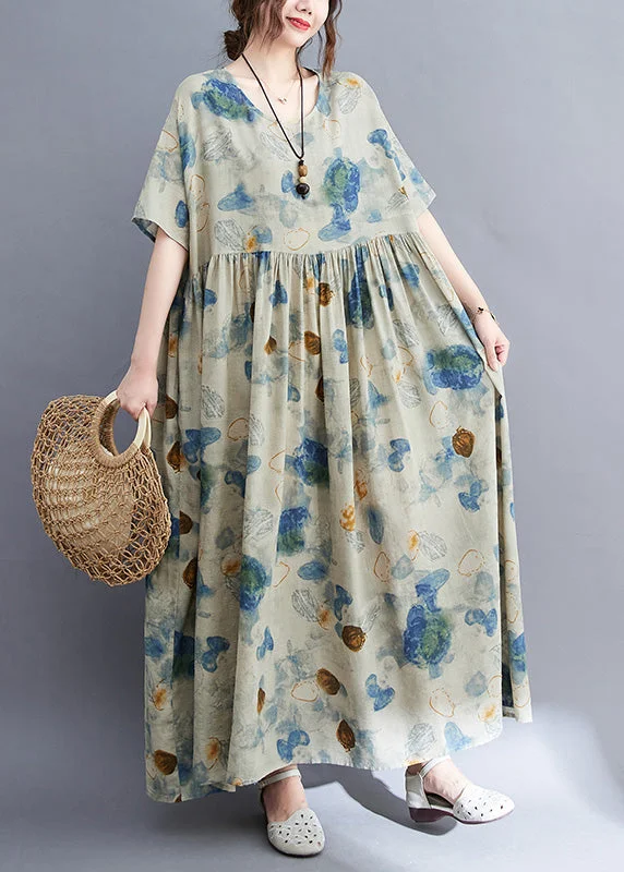 Natural O-Neck Print Wrinkled Long Dress Summer Tunics Practical durable
