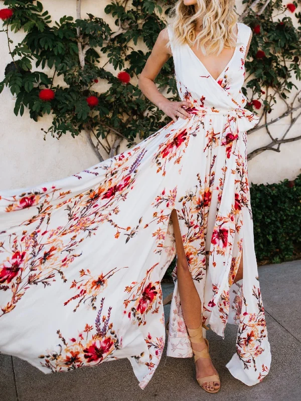 New Print V Neck Sleeveless Split Beach Maxi Long Dress Tunics Chic elegant
