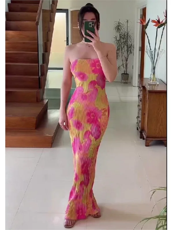 New Strapless Printed Pleated Slim Fit Long Dress Women Summer Backless Bow Lace Up Maxi Vestidos Banquet Evening Gown Dresses Tunics Timeless classic