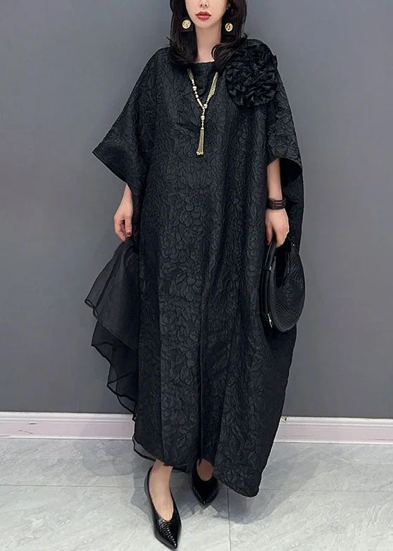 Plus Size Black Floral Tulle Patchwork Cotton Long Dresses Summer Crew Neckline Casual
