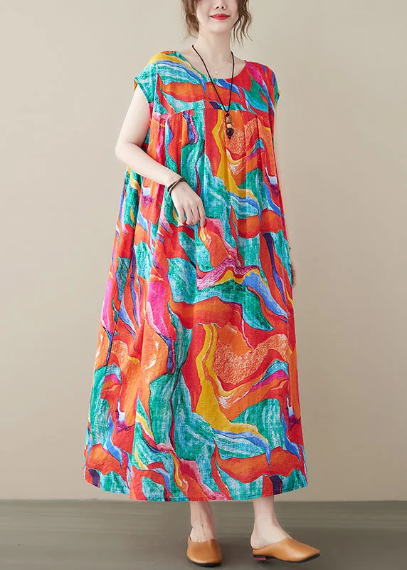 Plus Size Red O-Neck Print Long Dresses Summer Tunics Recommended stylist