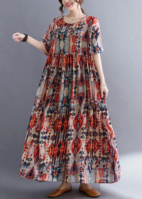 Plus Size Red O-Neck Print Patchwork Cotton Long Dresses Summer Floral Print girly