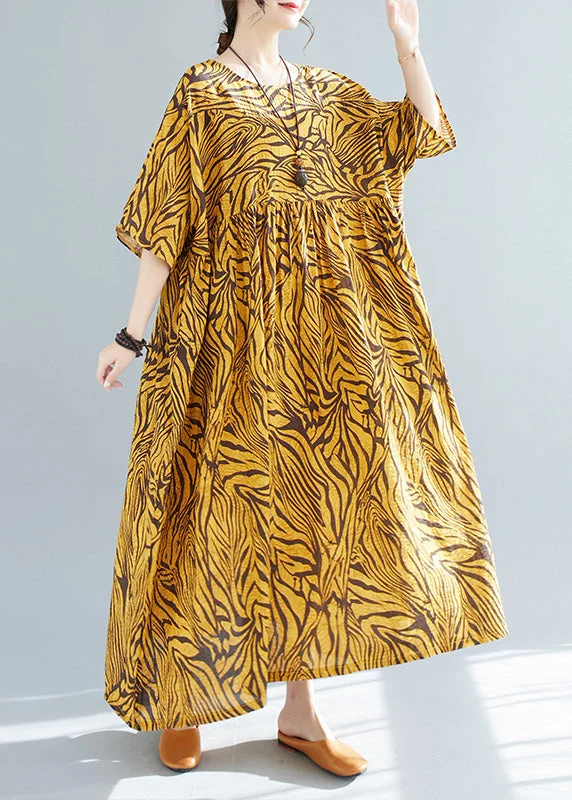 Plus Size Yellow Print Wrinkled Cotton Vacation Long Dresses Short Sleeve Tunics stripes playful Plus Size Yellow Print Wrinkled Cotton Vacation Long Dresses Short Sleeve Tunics stripes playful