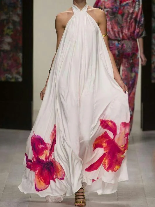 Printed Halter Backless Maxi Long Dress Tunics Seasonal trendy