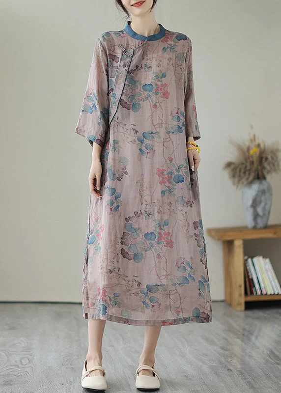 Retro Purple Grey Print Side Open Linen Long Dresses Summer Tunics Stylish elegant
