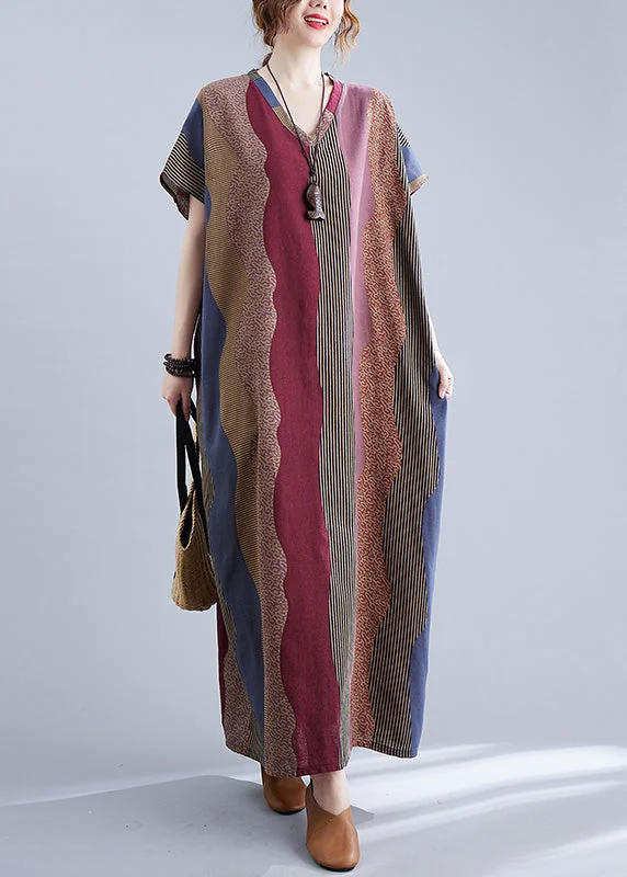 Retro V Neck Striped Patchwork Long Dresses Short Sleeve Tunics Essential wardrobe