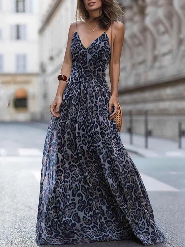 Sexy Leopard Print Spaghetti Strap Maxi Long Dress Tunics Seasonal trendy