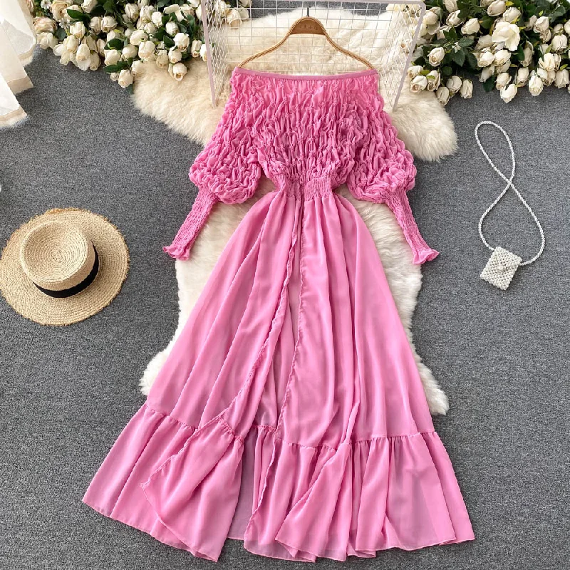 Sexy Slash Neck Off Shoulder Draped Chiffon Long Dress Women Purple/White/Pink Split Party Vestidos Ruffle Hem Maxi Robe New Tunics Sophisticated sleek