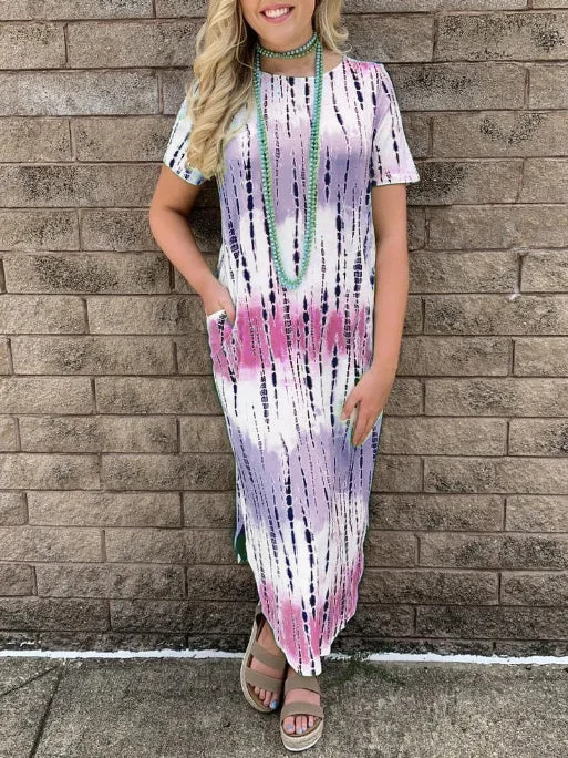 Short Sleeve Round Neck Side Split Long Dress with Pockets Tunics Chic elegant