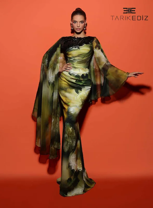 Tarik Ediz 98532 Chiffon Fabric Bateau Neckline Column Fitted Long Dress Tunics Satin smooth Tarik Ediz 98532 Chiffon Fabric Bateau Neckline Column Fitted Long Dress Tunics Satin smooth