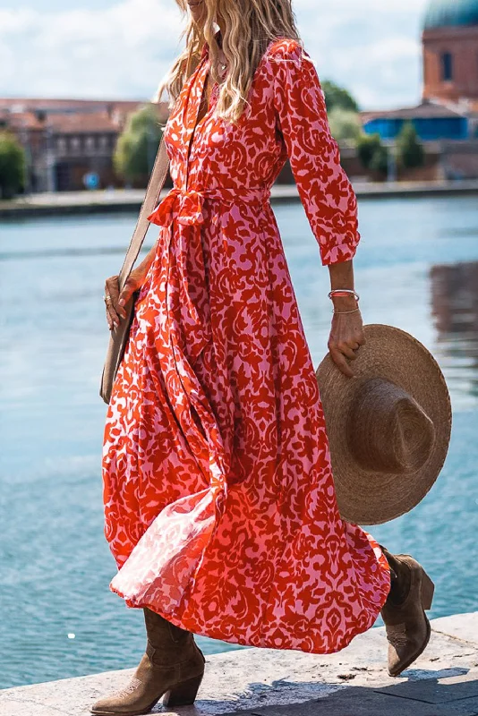 Tomato Red Printed 3/4 Sleeve V Neck Shirt Long Dress with Belt Tunics Business professional Tomato Red Printed 3/4 Sleeve V Neck Shirt Long Dress with Belt Tunics Business professional