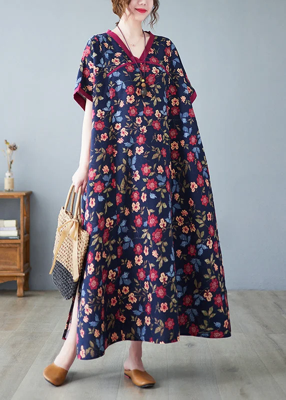 Unique V Neck Print Long Dress Short Sleeve Tunics Top rated
