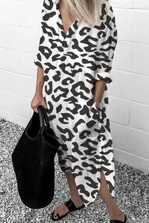 V Neck Side Split Leopard Long Dress Tunics Cozy soft