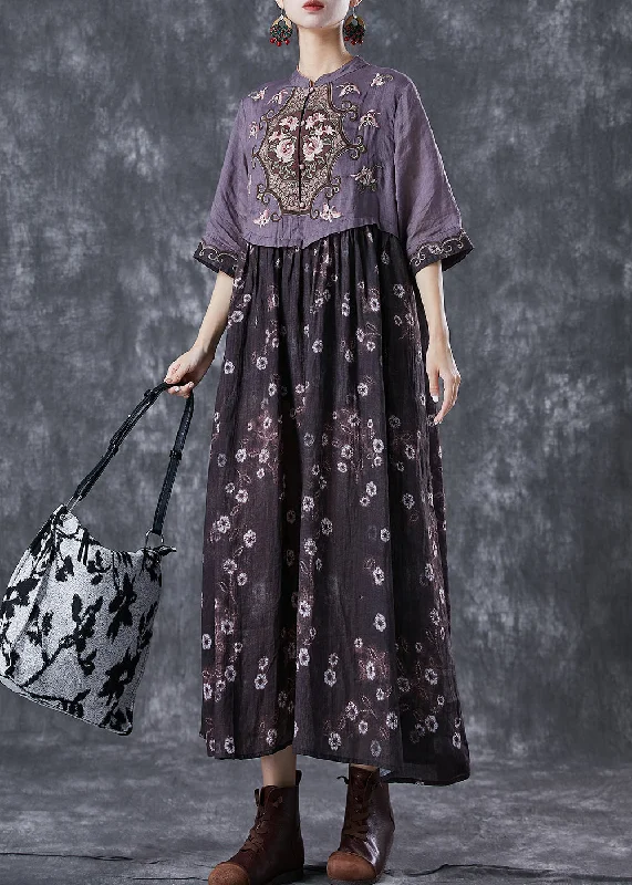 Vintage Colorblock Embroideried Patchwork Cotton Long Dress Summer Tunics Solid Classic