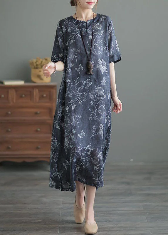 Vintage Navy O Neck Print Pockets Patchwork Linen Long Dresses Summer Tunics Sophisticated sleek Vintage Navy O Neck Print Pockets Patchwork Linen Long Dresses Summer Tunics Sophisticated sleek