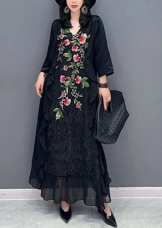 Women Black V Neck Embroideried Patchwork Chiffon Long Dress Summer Tunics Summer linen