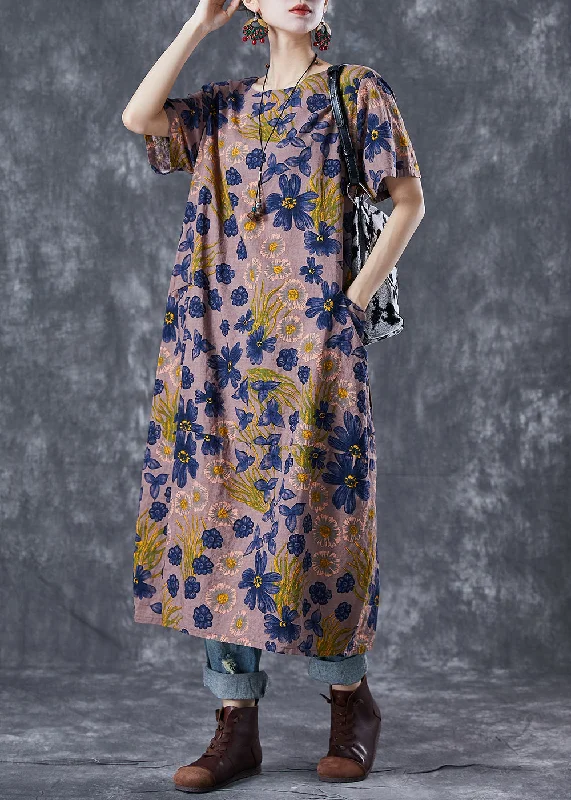 Women Coffee O-Neck Floral Print Linen Long Dress Summer Tunics Cozy comfortable