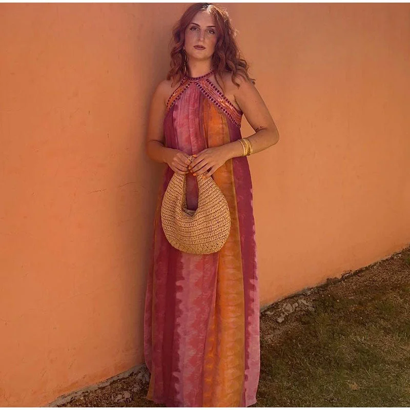 Women Contrast Halter Long Dress Casual O-neck Sleeveless Loose High Waist Maxi Vestidos Fashion Female Vacation Robes Tunics Lace romantic