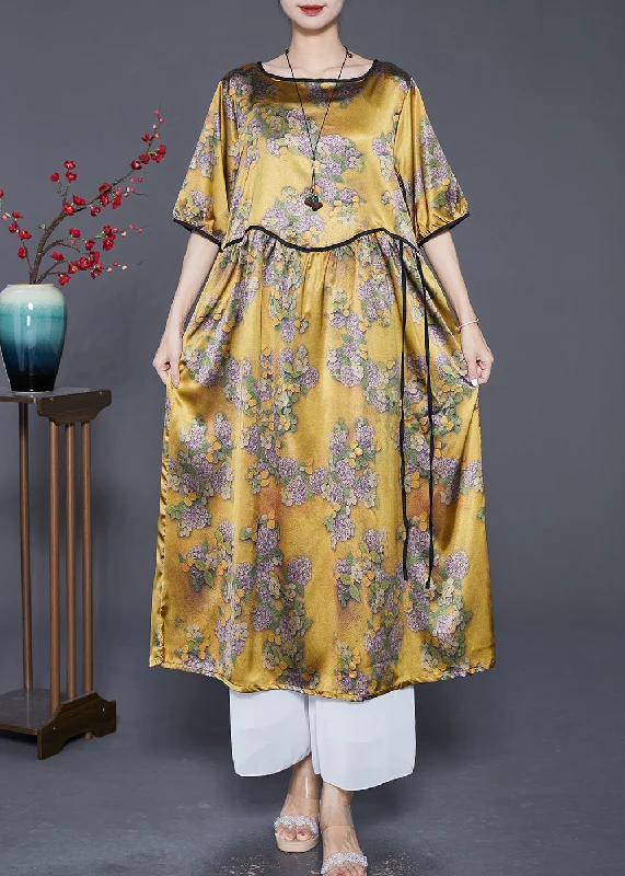 Women Yellow Oversized Print Silk Long Dresses Summer Tunics Summer linen