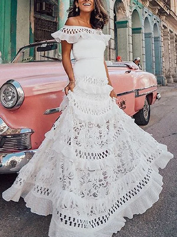 Women's A Line Dress Maxi long Dress White Black Short Sleeve Solid Color Ruffle Spring Summer Off Shoulder Party Hot Romantic S M L XL Tunics Vintage classic Women's A Line Dress Maxi long Dress White Black Short Sleeve Solid Color Ruffle Spring Summer Off Shoulder Party Hot Romantic S M L XL Tunics Vintage classic