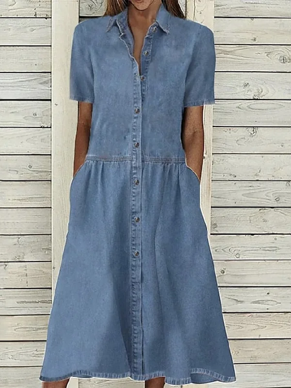 Women's Casual Dress Denim Shirt Dress Maxi long Dress Denim Basic Modern Outdoor Daily Vacation Shirt Collar Button Pocket Short Sleeve Summer Spring Fall Regular Fit Blue Pure Color S M L XL Tunics Trousers formal