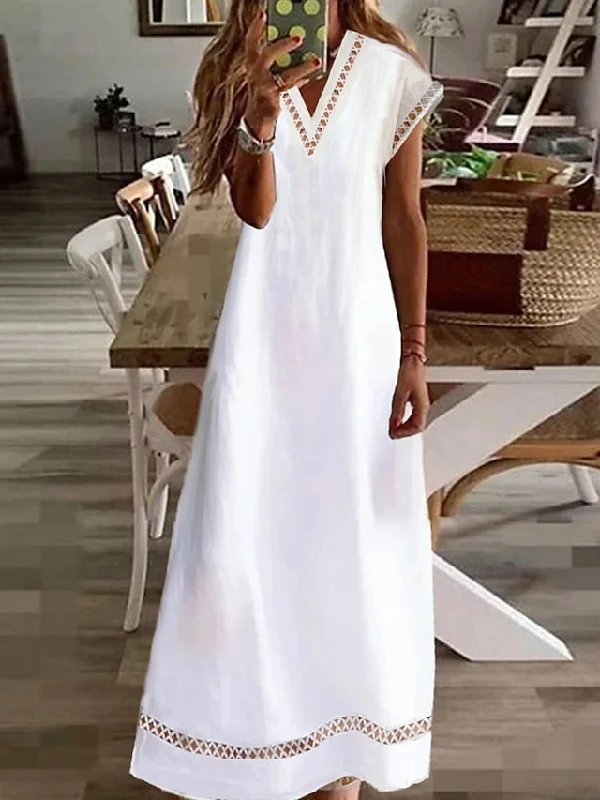 Women's Cotton Linen Dress Casual Dress Maxi long Dress Cotton And Linen Modern Casual Outdoor Vacation V Neck Patchwork Short Sleeve Summer Spring Regular Fit White Pure Color S M L XL 2XL Tunics Exclusive limited Women's Cotton Linen Dress Casual Dress Maxi long Dress Cotton And Linen Modern Casual Outdoor Vacation V Neck Patchwork Short Sleeve Summer Spring Regular Fit White Pure Color S M L XL 2XL Tunics Exclusive limited